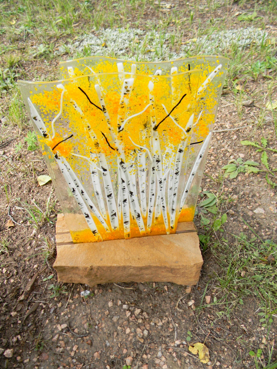 Aspen Fused Glass Dimensional Sculpture with Stone Base