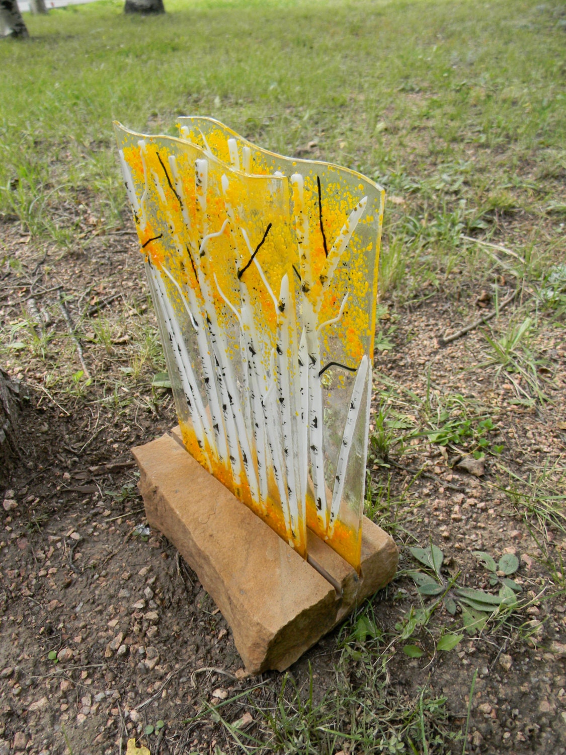 Aspen Fused Glass Dimensional Sculpture with Stone Base