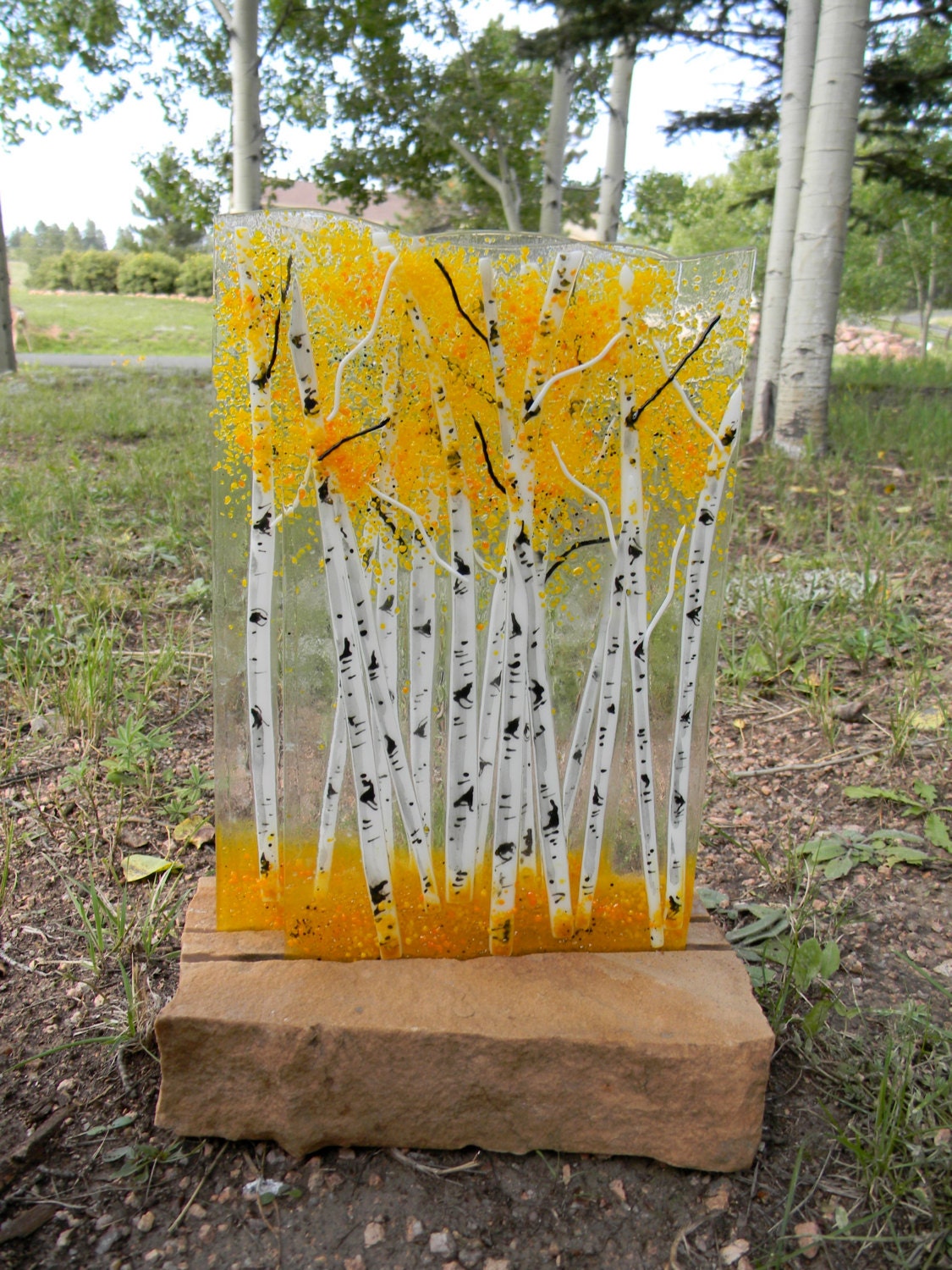 Aspen Fused Glass Dimensional Sculpture with Stone Base