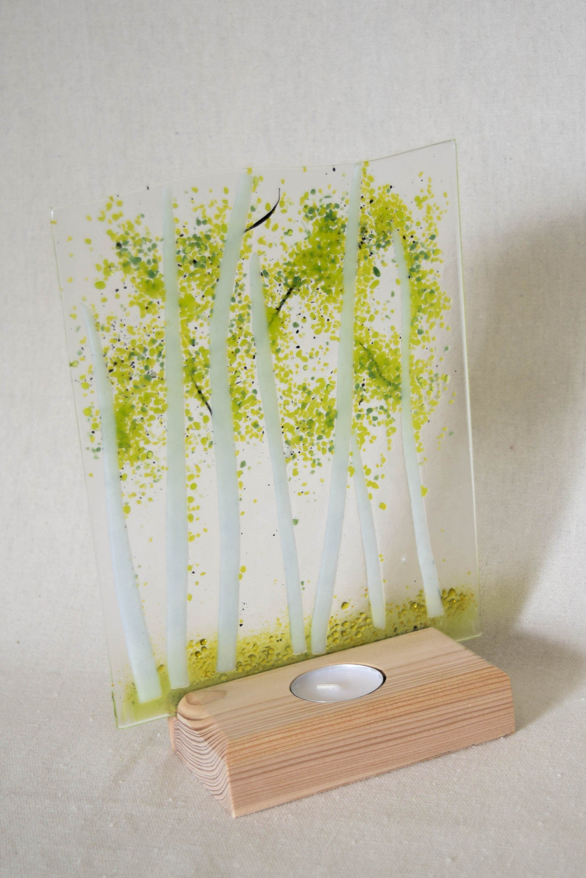 Aspen Fused Glass Votive with Wood Base