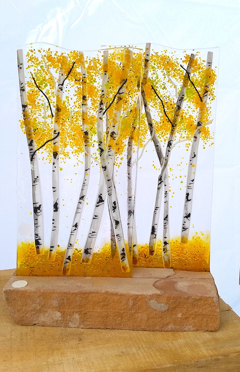 Aspen Fused Glass Dimensional Sculpture with Stone Base