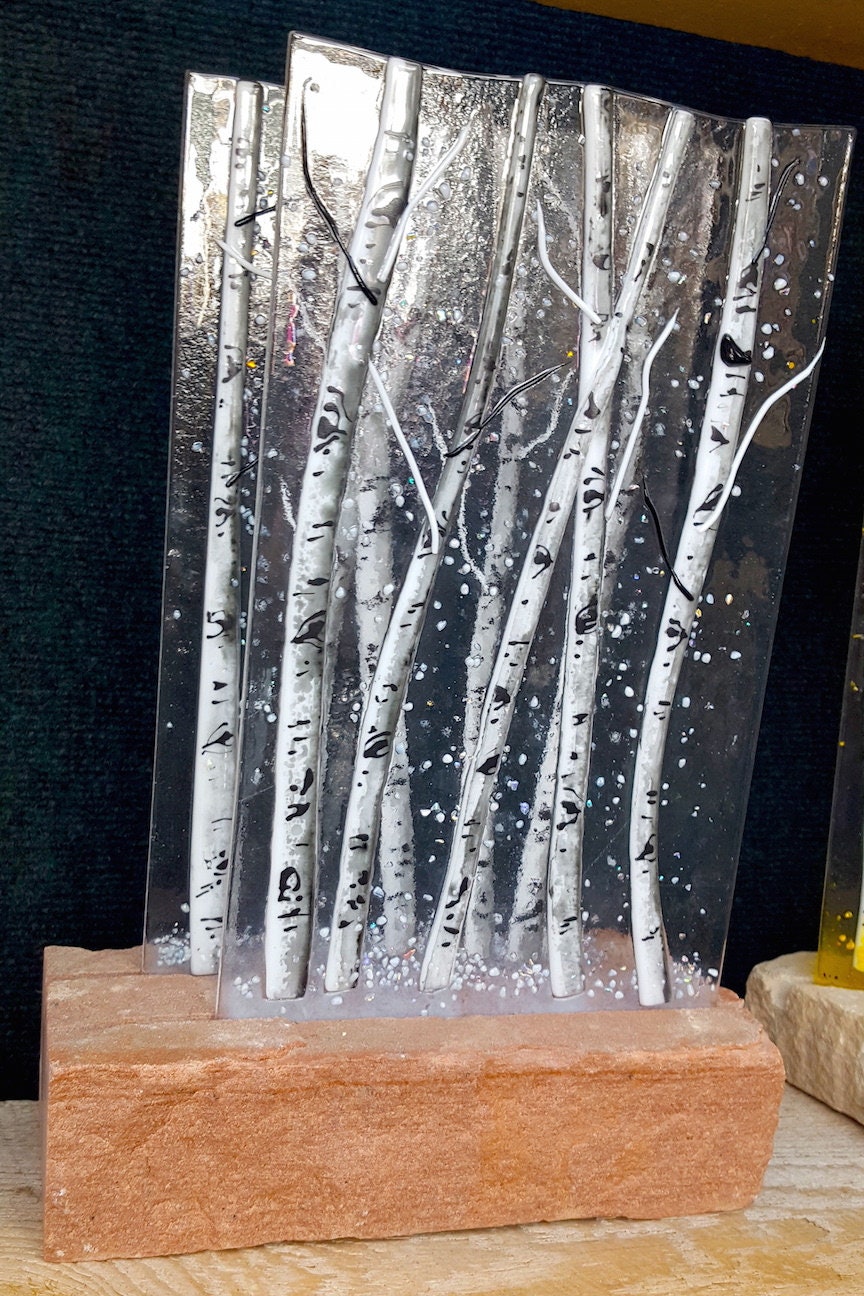 Aspen Fused Glass Dimensional Sculpture with Stone Base Winter