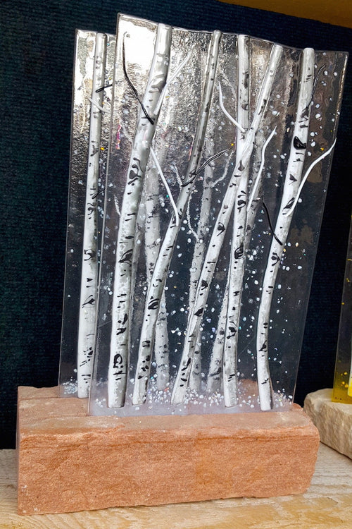 Aspen Fused Glass Dimensional Sculpture with Stone Base Winter